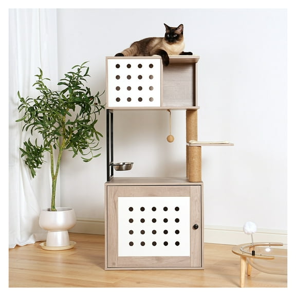 Cat Tree with Litter Box, All-in-One Cat Tower for Indoor Cats - Large Hammock, Bed, Feeding Station, Scratching Posts, Modern Gray & White