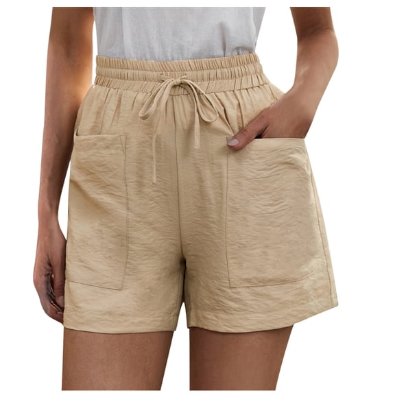 Womens Casual Shorts Loose Elastic Waist Summer Pockets Solid Linen Pants Girls Bottoms Shorts