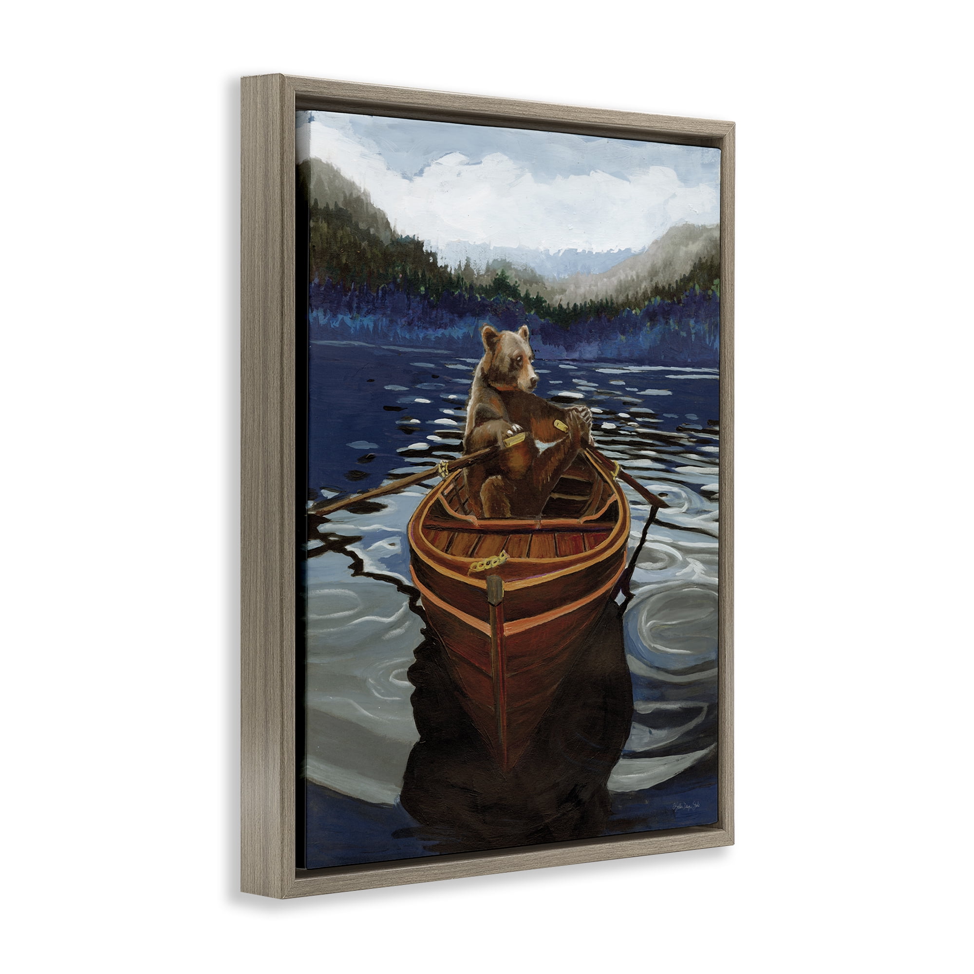 Stupell Industries Brown Bear on Row Boat Animals Painting Brown Floater Framed Canvas Art Print Wall Art, 25 x 31