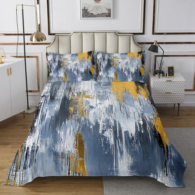Erosebridal Oil Painting Coverlet Set King,Blue Golden Bedding Set,Abstract Decoration,Ultra Soft,3 Pieces
