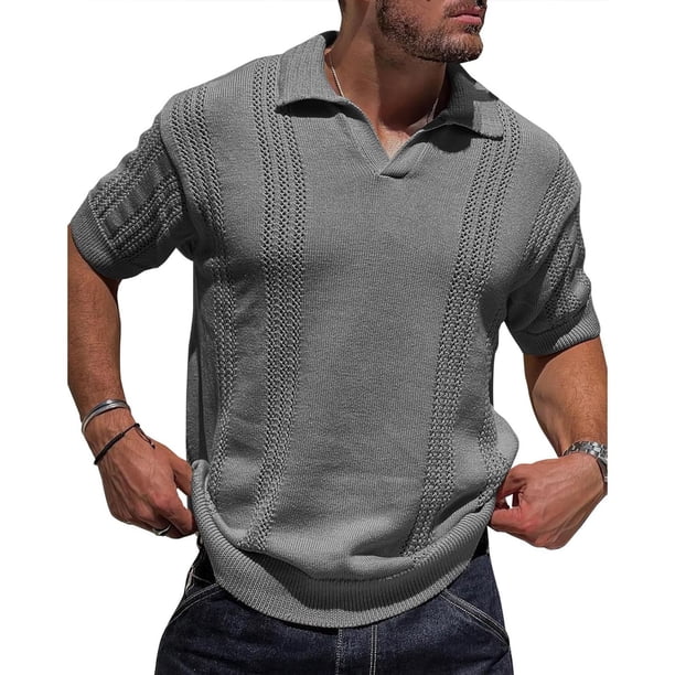 Playeras Elvqul Hombre Casual Manga Corta Gris de Color Sólido con Solapa