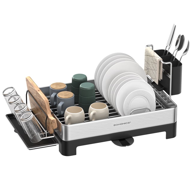 SONGMICS Escurreplatos de Acero Inoxidable, Escurridor de Platos, con Portavasos, para Cocina, 31.7 x 57.2 x 24.6 cm, Plata y Negro