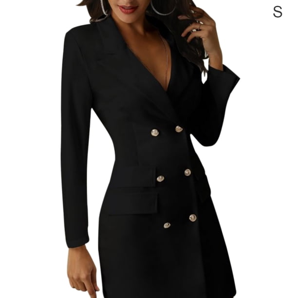 Traje De Mujer Vestido De Color Sólido Con Cuello En V Abrigo Con Botones Bolsillo Delgado Top Delgado, Negro, S Sweethay AP002332-37