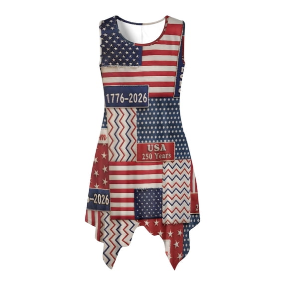 HELLHERO Patriotic Patchwork Print Asymmetric Hem Midi Dress for Party Holiday Party, Side Pockets Round Neck Ladies Irregular Hem Casual Dress