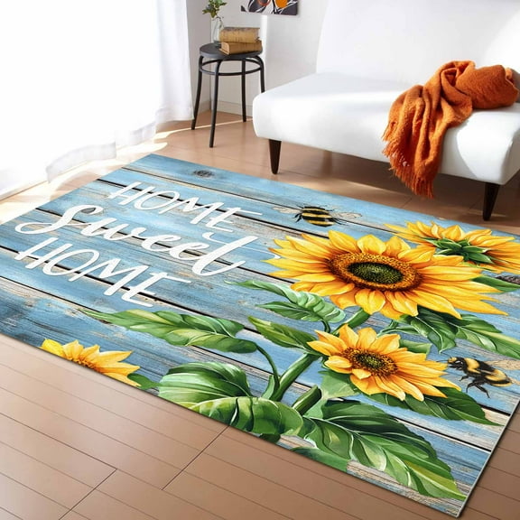 Area Rugs Indoor Non-Slip Rectangle Rug 5x8 Ft Sweet Home Sunflower Vintage Rustic Lake Blue Stripe Wood Board Rug Rubber Backing Floor Mats Non Shedding Home Decor Carpet for Entryway Living Room