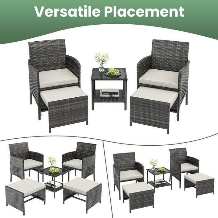 ELPOSUN 5-Piece Outdoor Rattan Patio Furniture Set, Conversation Chair with Side Table & Storage Ottoman for Small Balcony, Porch, Deck, Poolside, Black