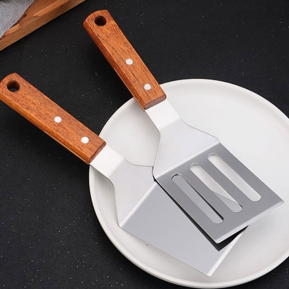 MEIBUTYUP 2-Piece Stainless Steel Spatula Turner Set with Wooden Handles, Heavy Duty Metal Cooking Tools for Frying, Flipping, Grilling