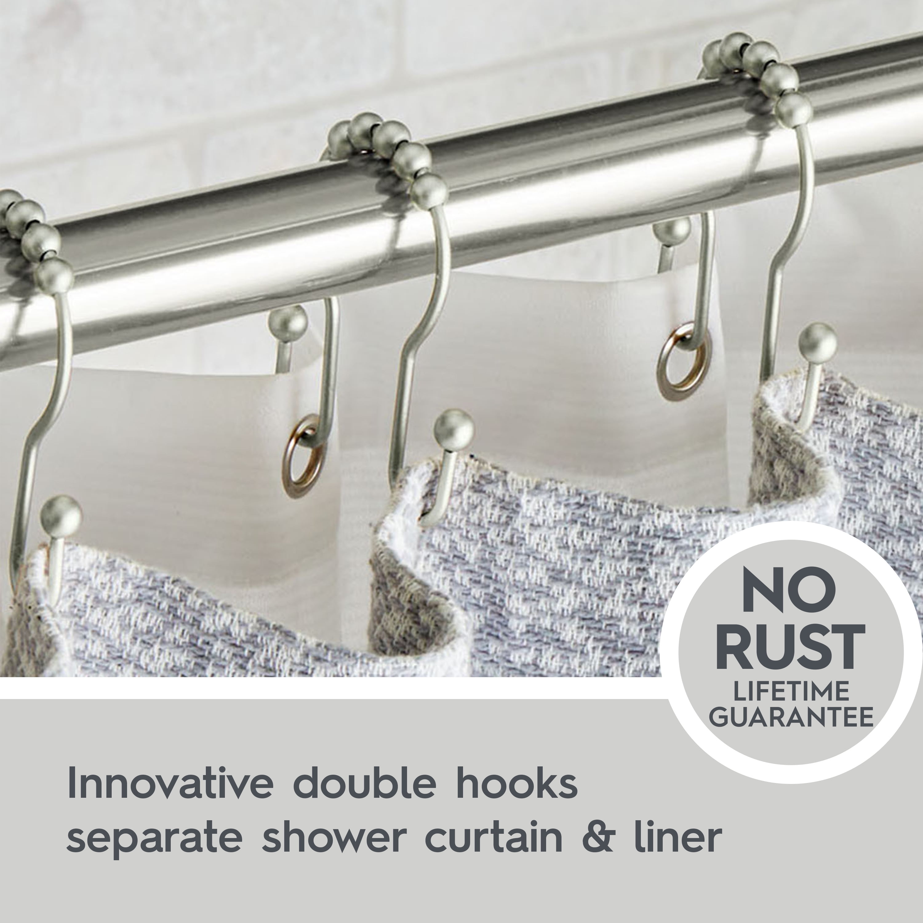 Better Homes & Gardens Rustproof Double Easy Glide Shower Hooks, Brushed Nickel, Set of 12