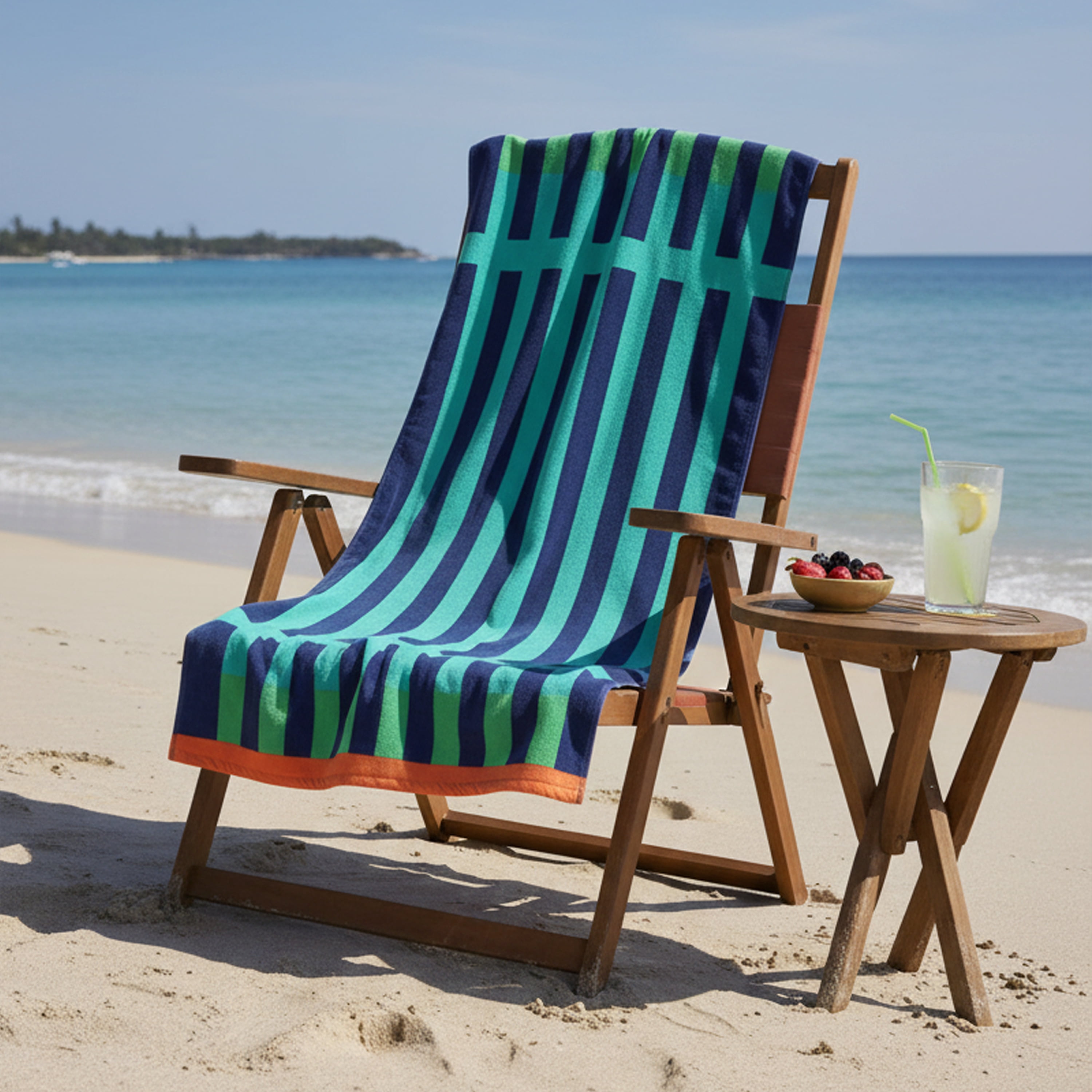 Oversized Teal and Navy Stripe Beach Towel, Soft Cotton, 34 x 64 Inches