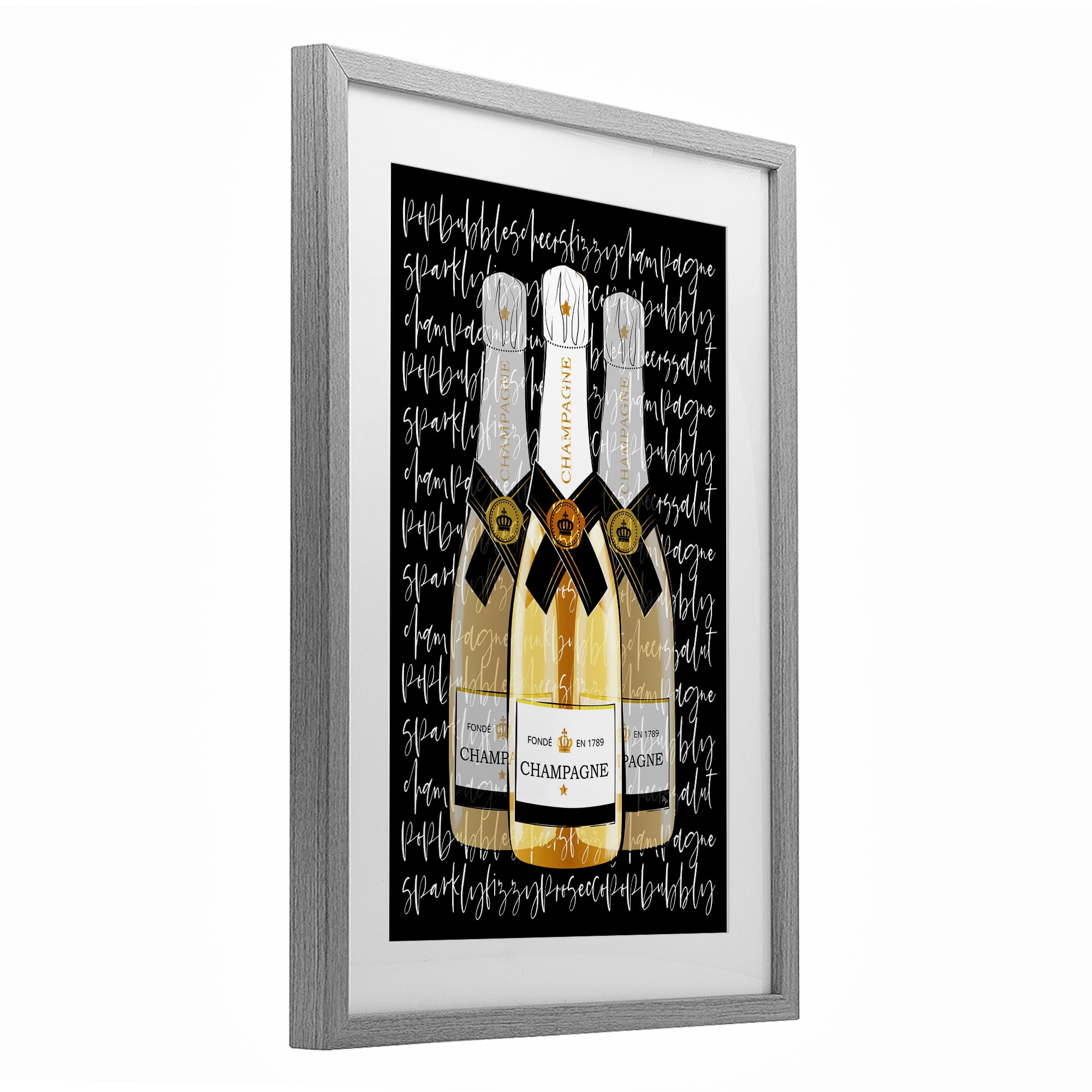 Stupell Industries Triple Champagne Bottle Love Gray Framed Print Under Glass, design by Martina Pavlova