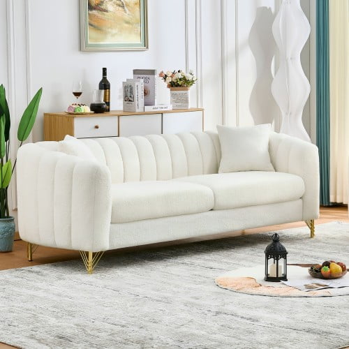 83" Oversized Chenille Sofa, Modern, 3 Seater Deep Couch, Soft and Plush, for Family Relaxing, Living Room Bedroom Apartment, Gold Legs Tufted Design, White
