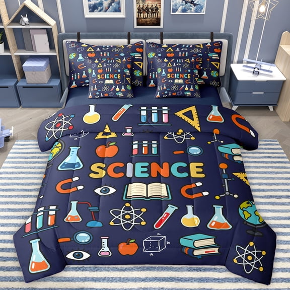 Homewish Science Chemistry 7-Piece Twin Bedding Sets,Colorful Cartoon Pattern Bedding Comforter Set,Deepblue Blue Orange Sheet Sets For Boys Kids,Microfiber Bedroom Decor Reversible