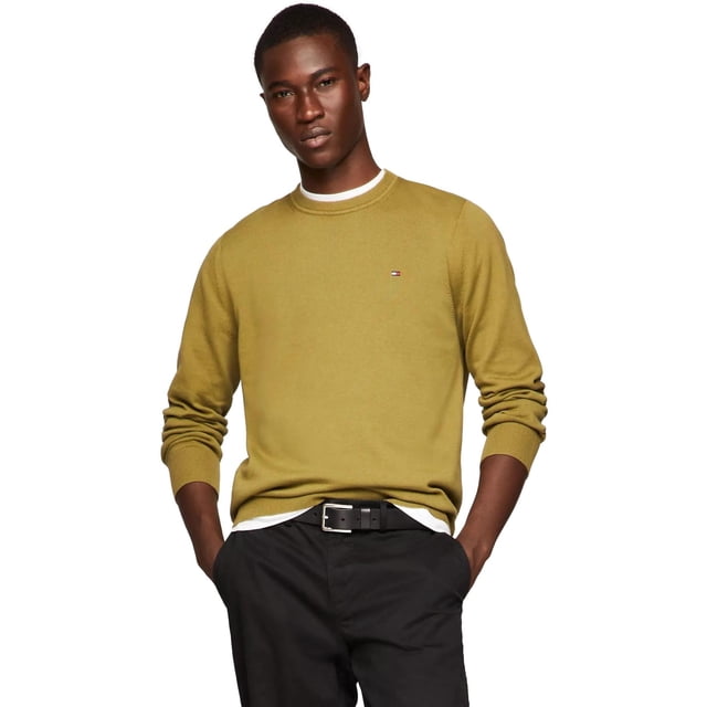 Jersey Tommy Hilfiger liso con cuello redondo para hombre, uniforme, color oliva