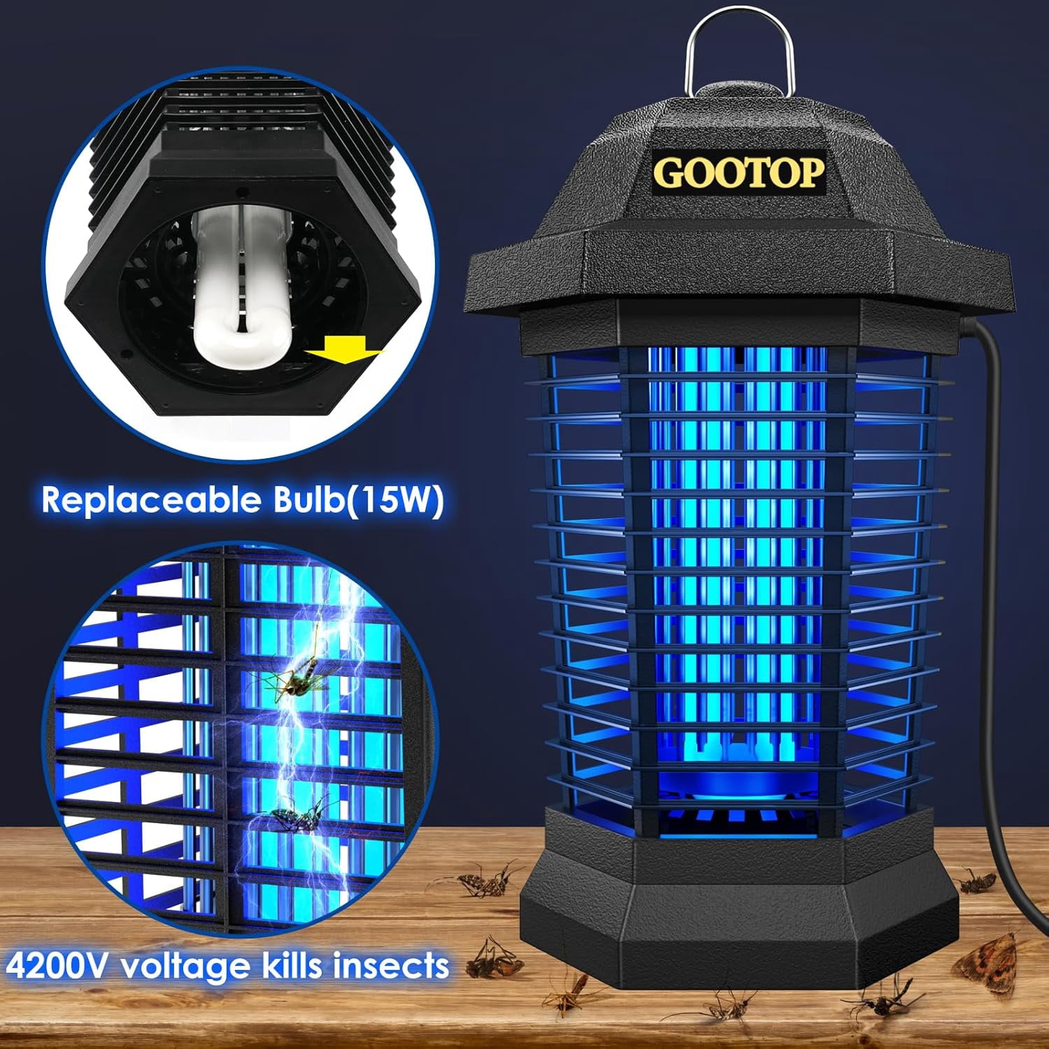 Bug Zapper Outdoor, Mosquito Zapper, 3 Prong Plug in Electric Fly Zapper, Mosquito Killer, Fly Traps, Flying Insects Zapper Indoor Outdoor, 4200V, ABS Plastic Outer (Black)