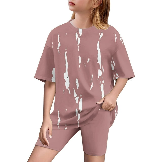 Vêtements d'Été pour Filles, T-Shirt Ample à Col Rond + Short Cycliste Ensemble 2 Pcs