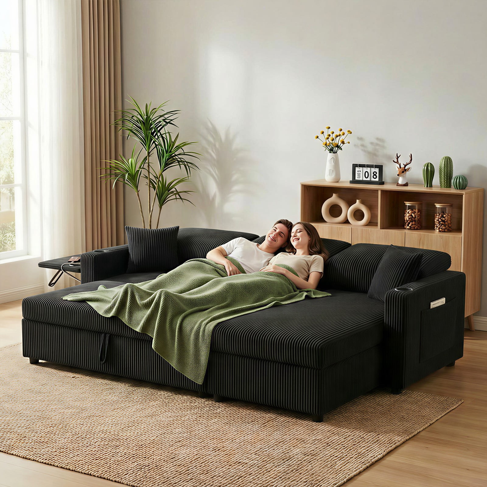 LLappuil Sectional Sofa, 84" Sectional Couch with Storage Chaise, Small Desktop, Cup Holders, Charging Port Convertible Sofa Bed, Corduroy Pull Out Sofa Bed for Living Room Black