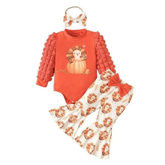 Newborn Photography Outfits Girl Turkey Flare Pants Puff Sleeve Tops Hairband 3 Pcs Thanksgiving Infant Coming Home Clothes, Orange, 12 Months