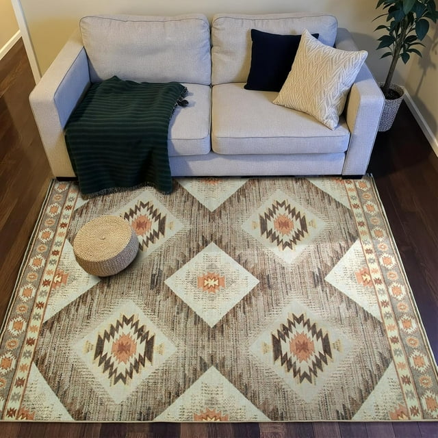 BESTSWEETIE Area Rug 6x6 for Living Room Southwest Washable Rugs Western Aztec Soft Low Pile Non Slip Print Pattern Indoor Carpet for Bedrooms Dining Room, Cream Camel