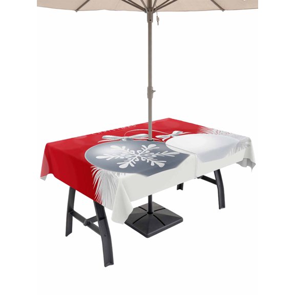 Outdoor Tablecloth with Umbrella Hole and Zipper, Red Christmas Rectangle Table Cloth 60x84 Inch Waterproof Tablecloth, Xmas Balls Pine Needles Snowflakes Winter Picnic Table Cover for Patio Camping