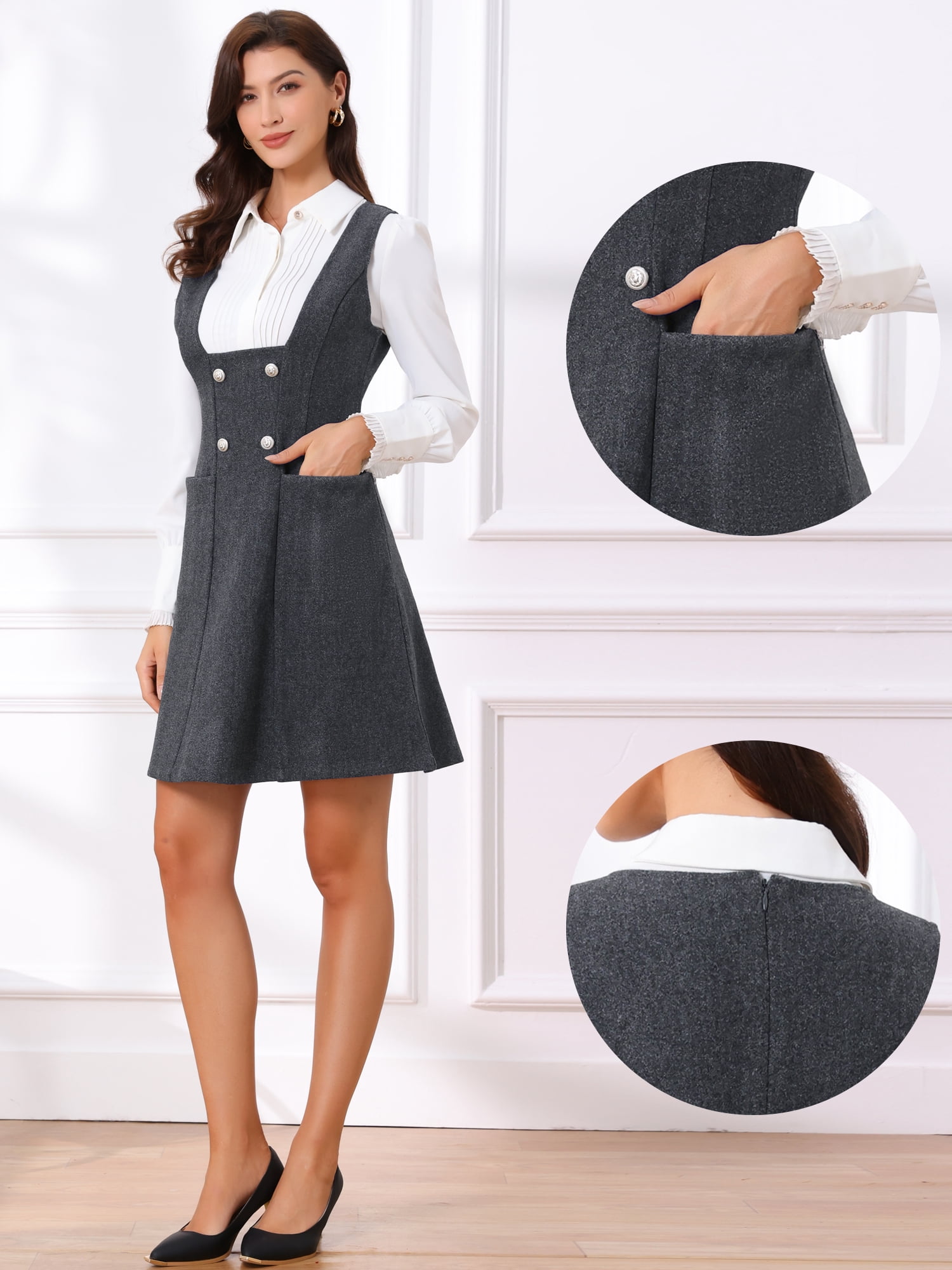 DARING DIVA Women's Pinafore A-Line Double Breasted Overalls Suspenders S Dark Grey
