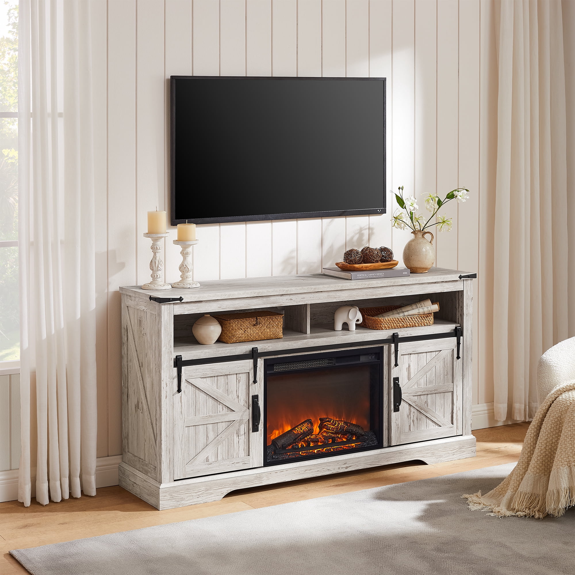 KeyWhat Farmhouse Fireplace TV Stand for TVs up to 70", 24" Electric Fireplace & Barn Door