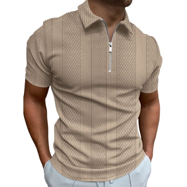 MAWCLOS Hommes T-Shirts Manches Courtes d'Été Tops Polo Rayé Plage Décontracté Col Revers Tee Profond Kaki 2XL