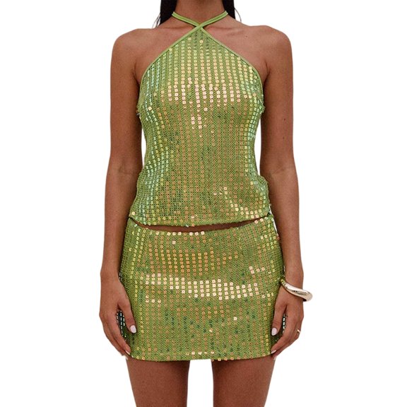 LMLYSoH Women's Summer 2Pcs Outfits Sequin Halter Tank Tops Mini Bodycon Skirt Set Party Clothes