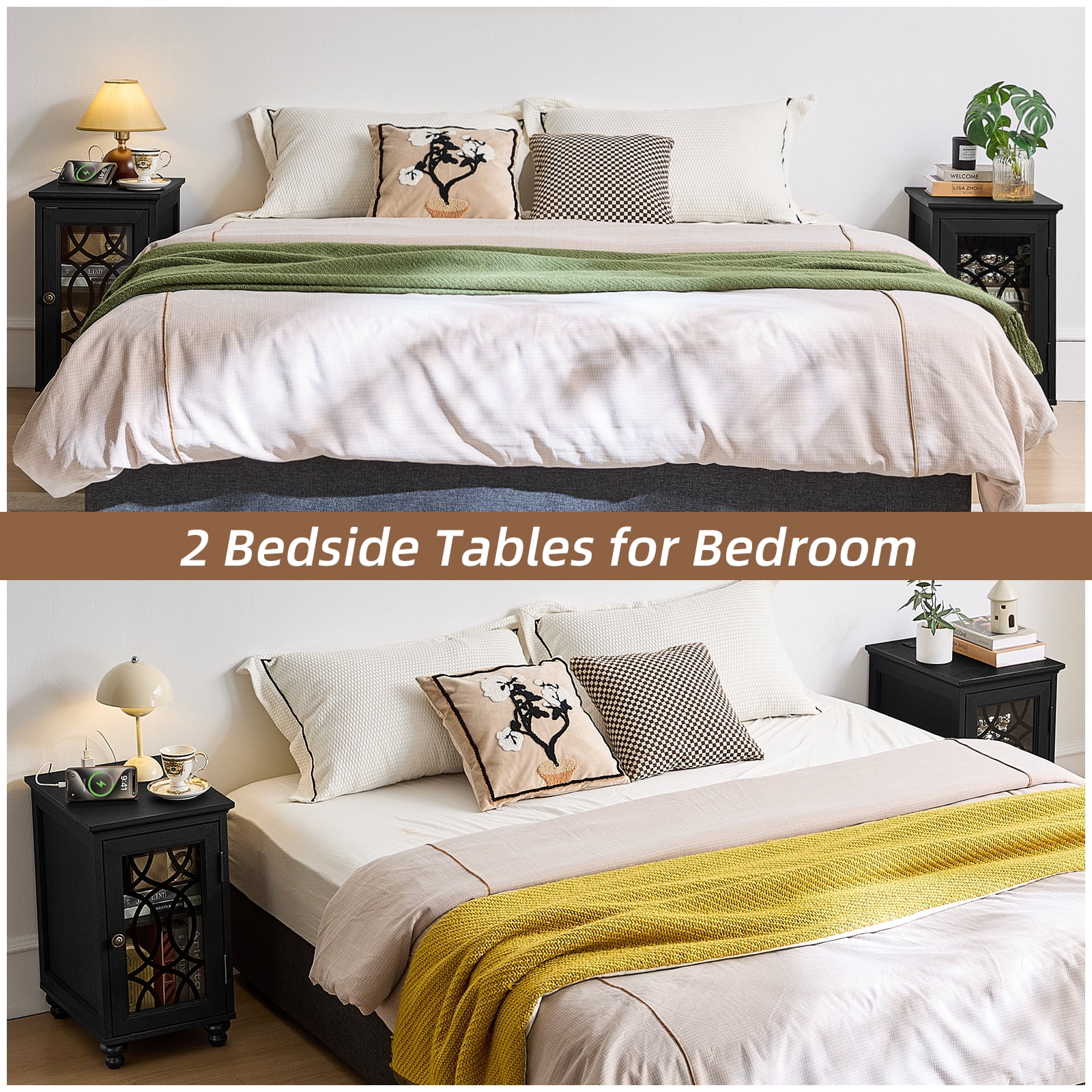 Farmhouse End Table Set of 2, Side Table, Nightstand, End Table with Glass Door and Shelf, Rustic Modern Bed Night Stand for Bedroom, Living Room, Black