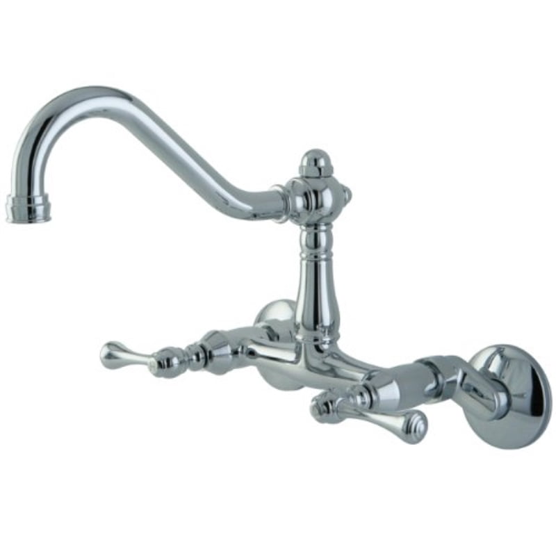 Kingston Brass Heritage Wall Mount Kitchen Faucet - 8" Centerset, Brushed Nickel, 2-Handle With Swivel Spout
