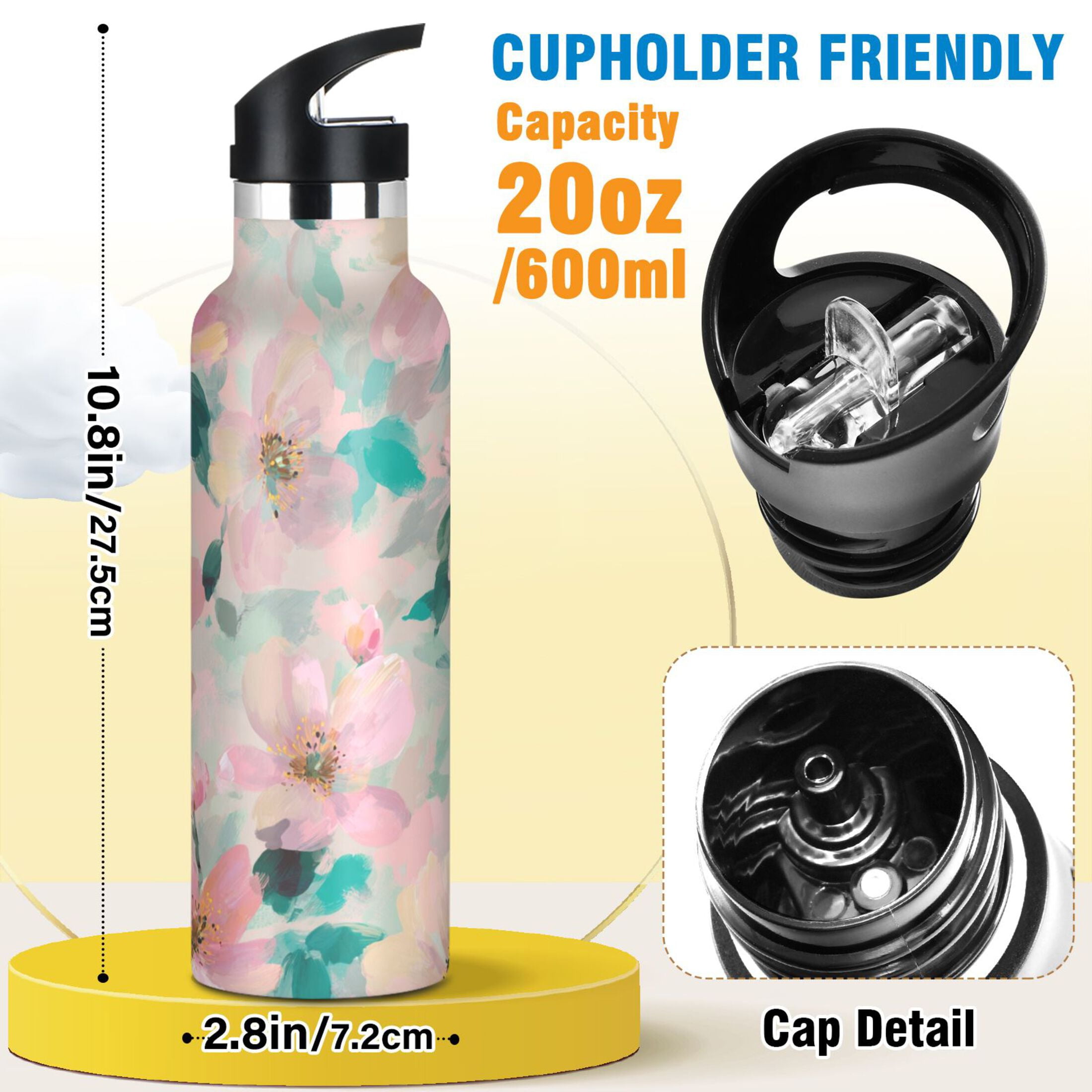 Kids Insulated Stainless Steel Sports Water Bottle 600ml (20oz) Coral Floral Print