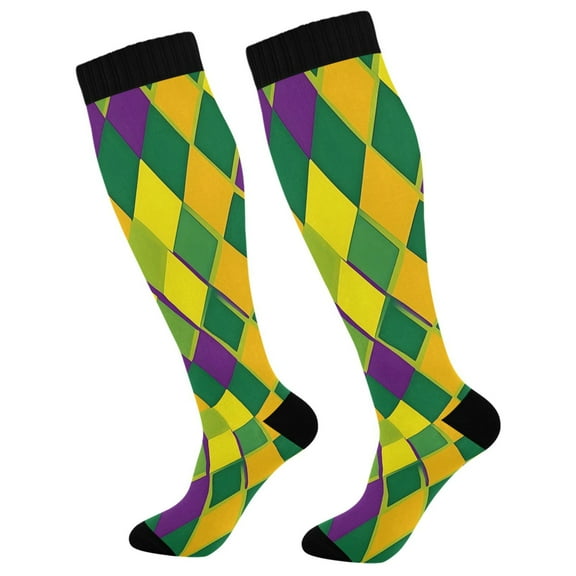 joogoo Mardi Gras Checkered Compression Socks Women Men Knee High Sock