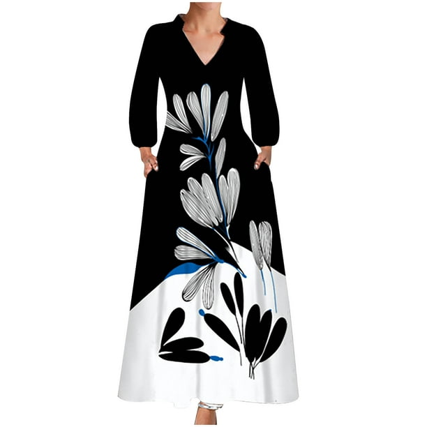 Moda mujer otoño estampado casual cuello pico cremallera manga larga vacaciones bolsillos vestido Fridja yut5910