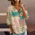 thumbnail image 2 of Women's Patchwork Floral Print 3/4 Sleeve Henley Top - V-Neck Button Tunic Blouse, Loose Fit Boho Casual Summer Shirt for Vacation, Beach, Daily Wear Army Green S, 2 of 6