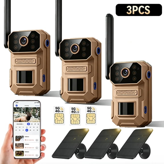 Solar-Powered Hunting Camouflage Camera, featuring color night vision, AI motion detection, two-way communication, real-time alarm, IP65 waterproof and dustproof design