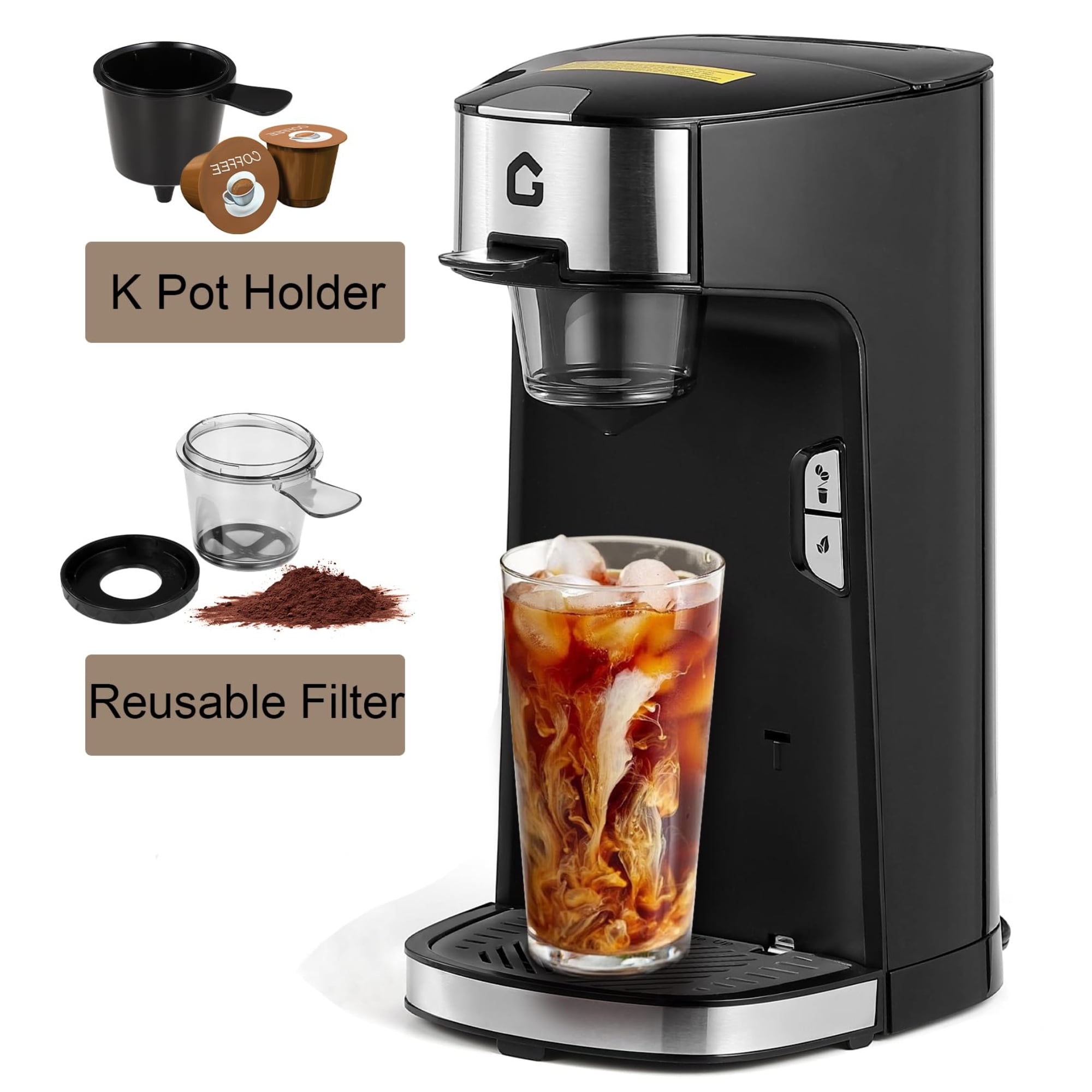 Garvee Single Serve Coffee Maker, One Button Small Coffee Machine with 18.6 Oz Water Tank & 8 to 12 Oz Brew Sizes for K-Cup Pods, Ground Coffee, Black