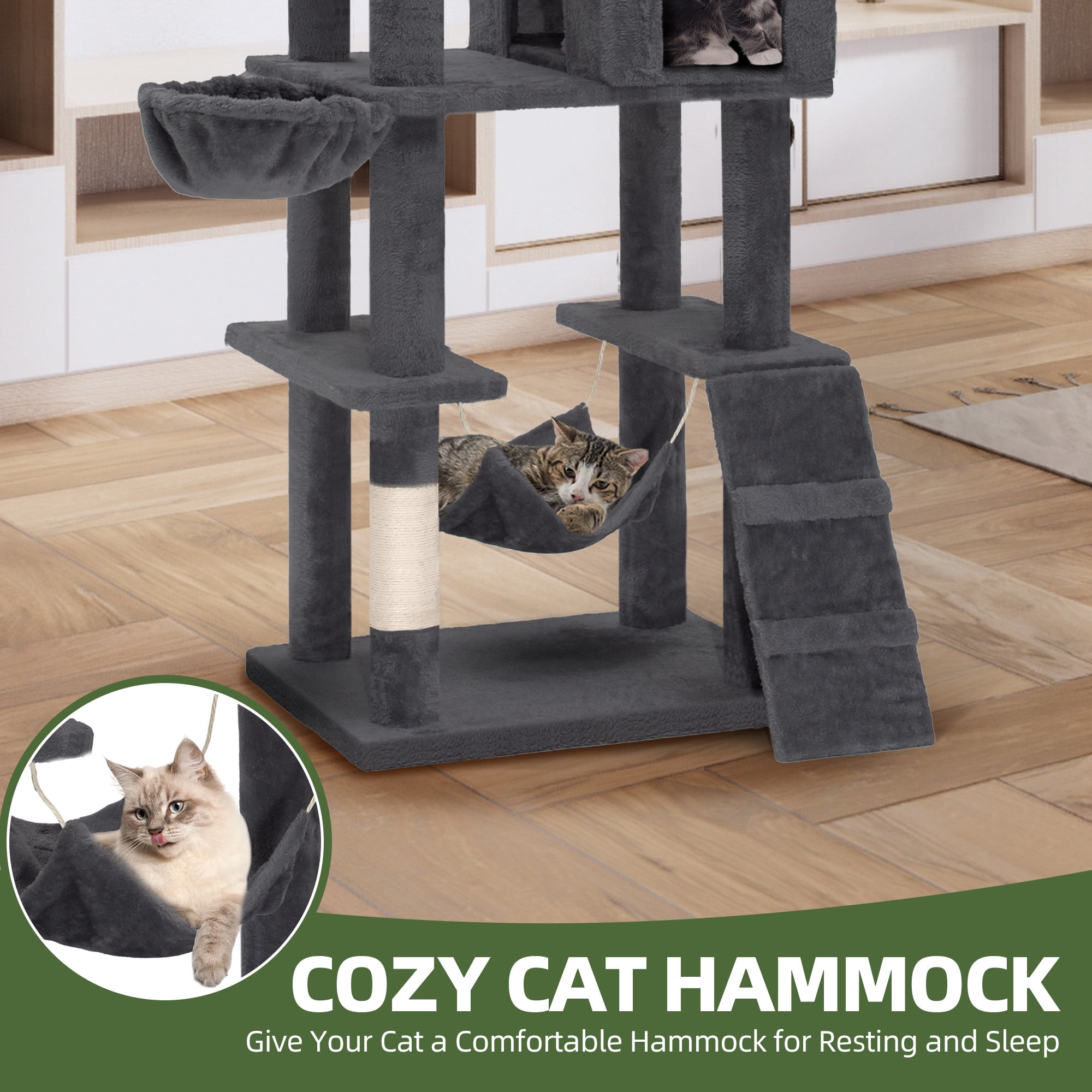Uforic 44" Multi-Level Cat Condo with Scratch Posts and Hammock, Light Gray