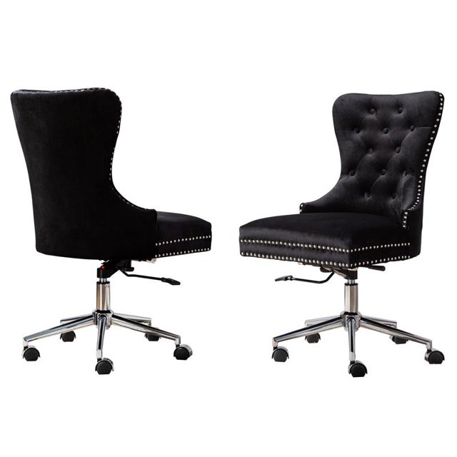 Chaise de Bureau Pivotante en Velours Noir avec Assise Touffetée en Acier Inoxydable
