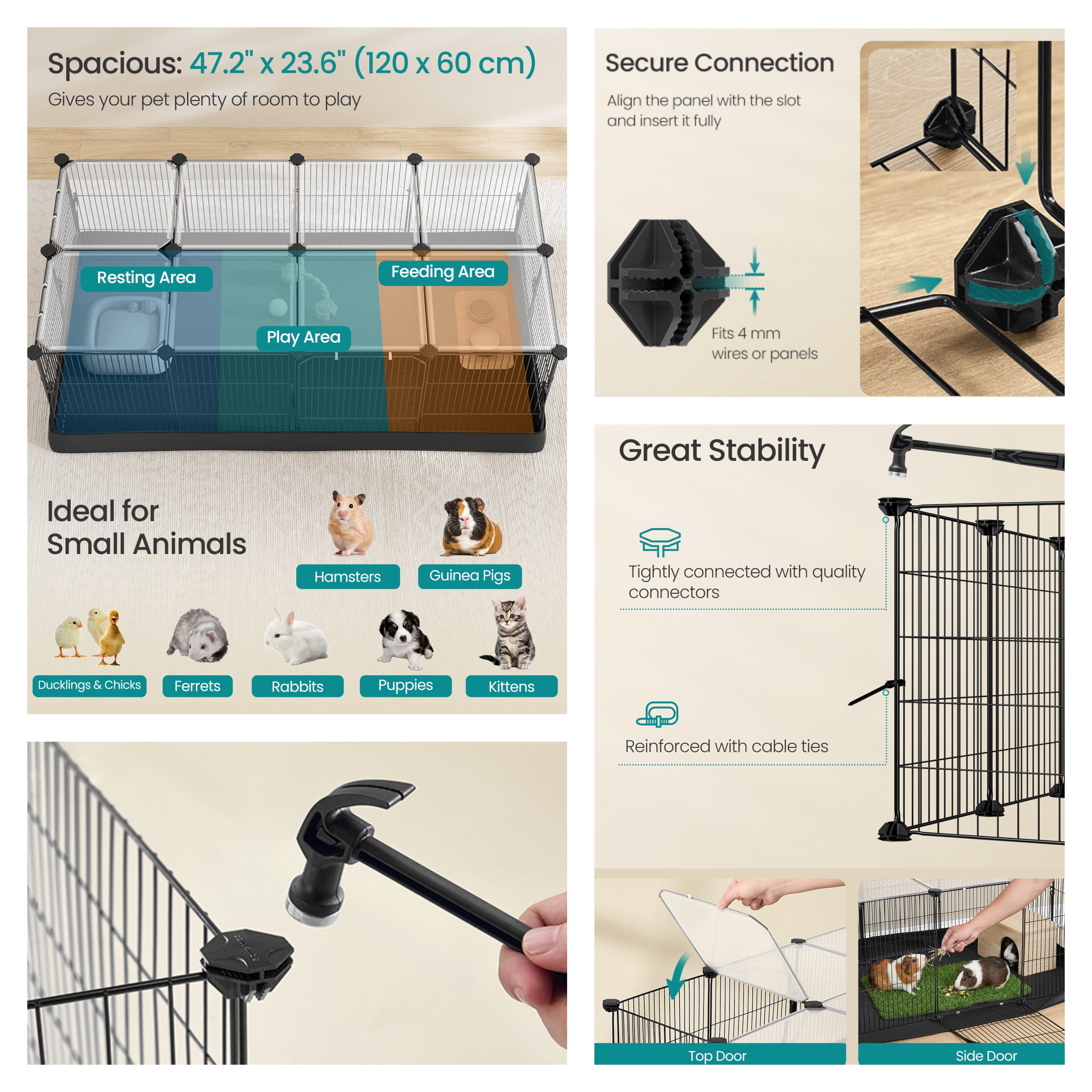 LEDREM 20-Panel Guinea Pig Cage with Waterproof Mat, Small Animal Playpen with Top & Side Doors, for Rabbits, Hamsters, 48.4 x 24.8 x 16.3 Inches, Ink Black