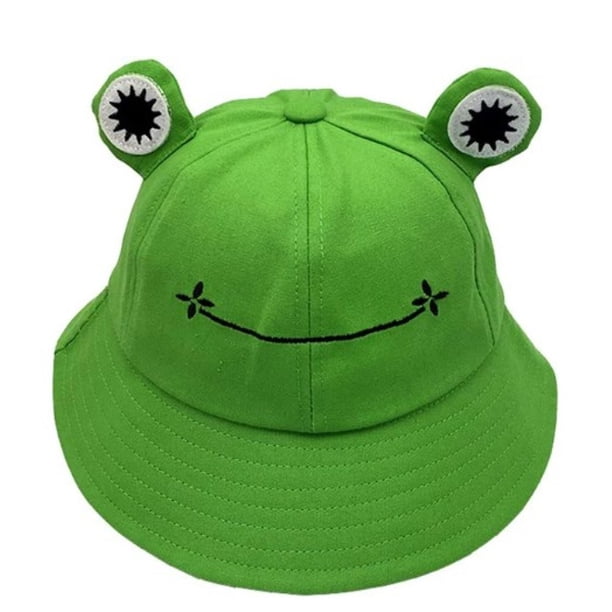 Lindo sombrero de pescador con forma de rana verde, sombrero de pescador de algodón de verano para adultos, sombrero de pescador de ala ancha divertido para mujeres - Verde
