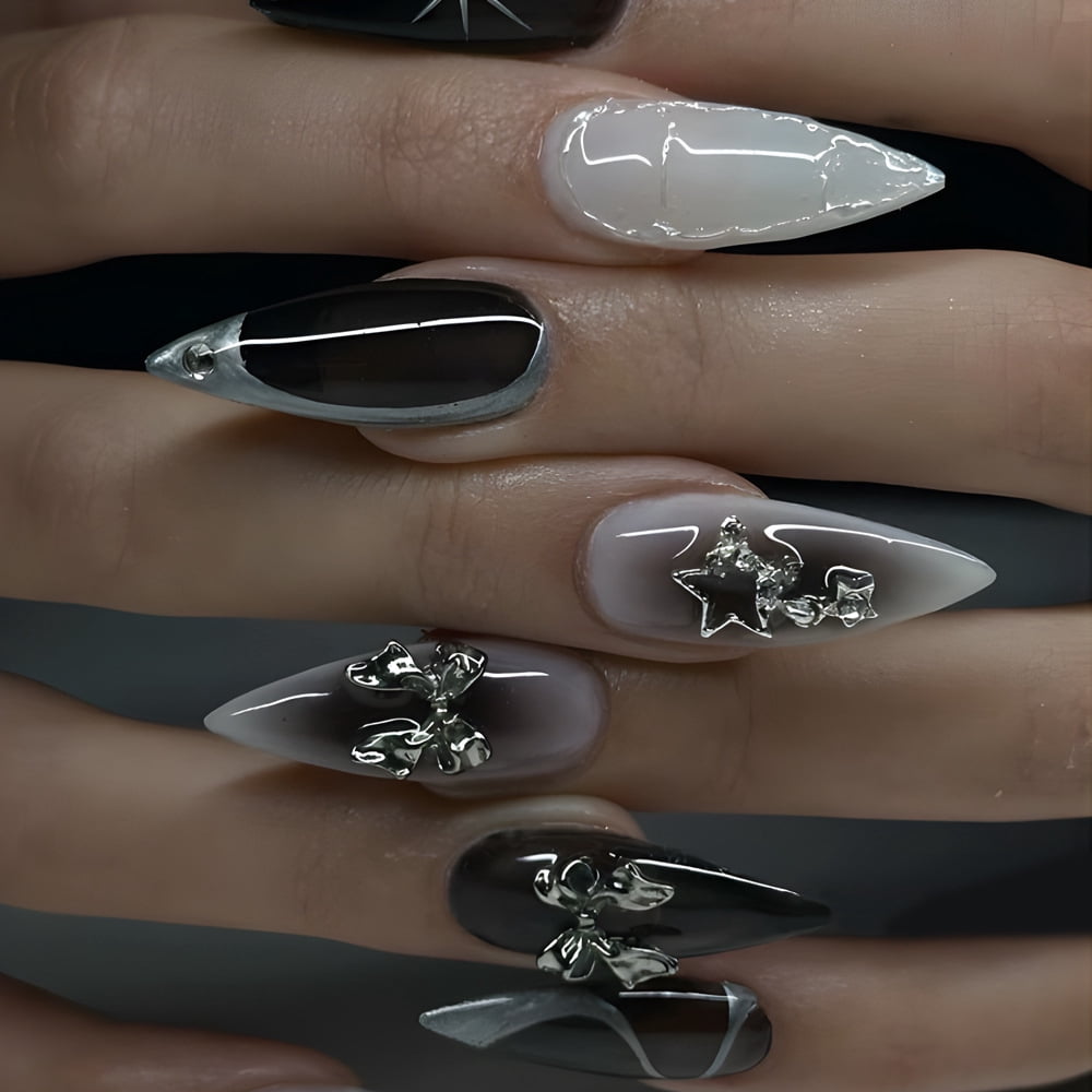 24pcs Y2k Cool Girl Fake Nails Sliver Star Almond False Nails Wearable Detachable 3D Butterfly Press on Nail Tips for Girl Women