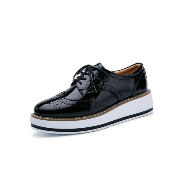 Innerwin Womens Brogues Wingtip Oxfords Platform Non Slip Leather Shoes Lace Up Office Work Black (Glossy) 7.5
