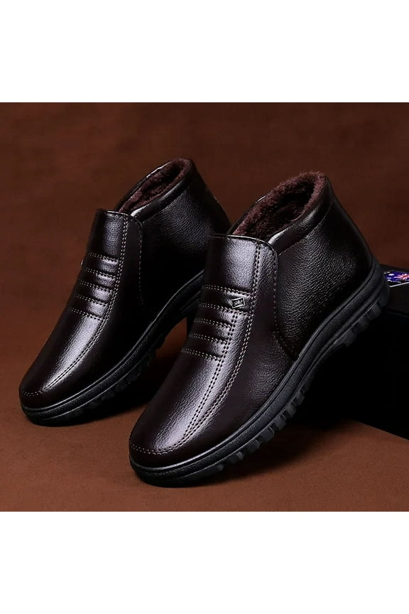 plus Size Winter Waterproof Men's Casual Leather Shoes Flannel High Top Slip-on Warm Winter Shoes for Mens Work Shoes (Brown,44)