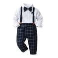 thumbnail image 6 of IBTOM CASTLE Toddler Kids Baby Boys Formal Suit Gentleman White Shirt with Bowtie + Suspender Shorts Pants Overalls Clothes 4-5 Years Navy Blue Plaid, 6 of 6