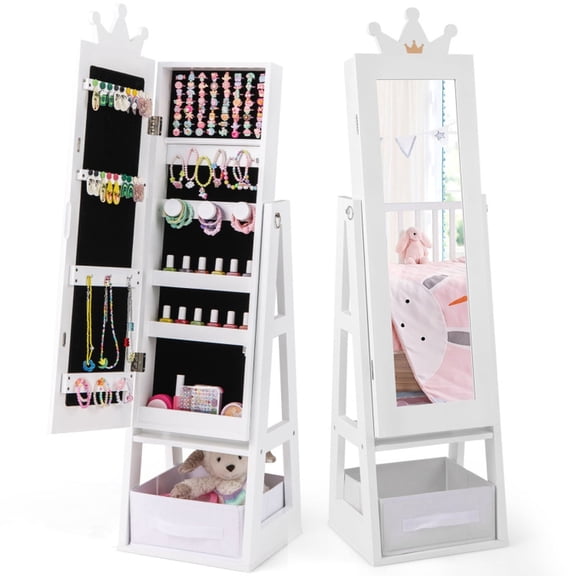 Furnibear Free Standing Full-Length Kids Jewelry Armoire Cabinet with Mirror and Storage Capacity for the Bedroom, White