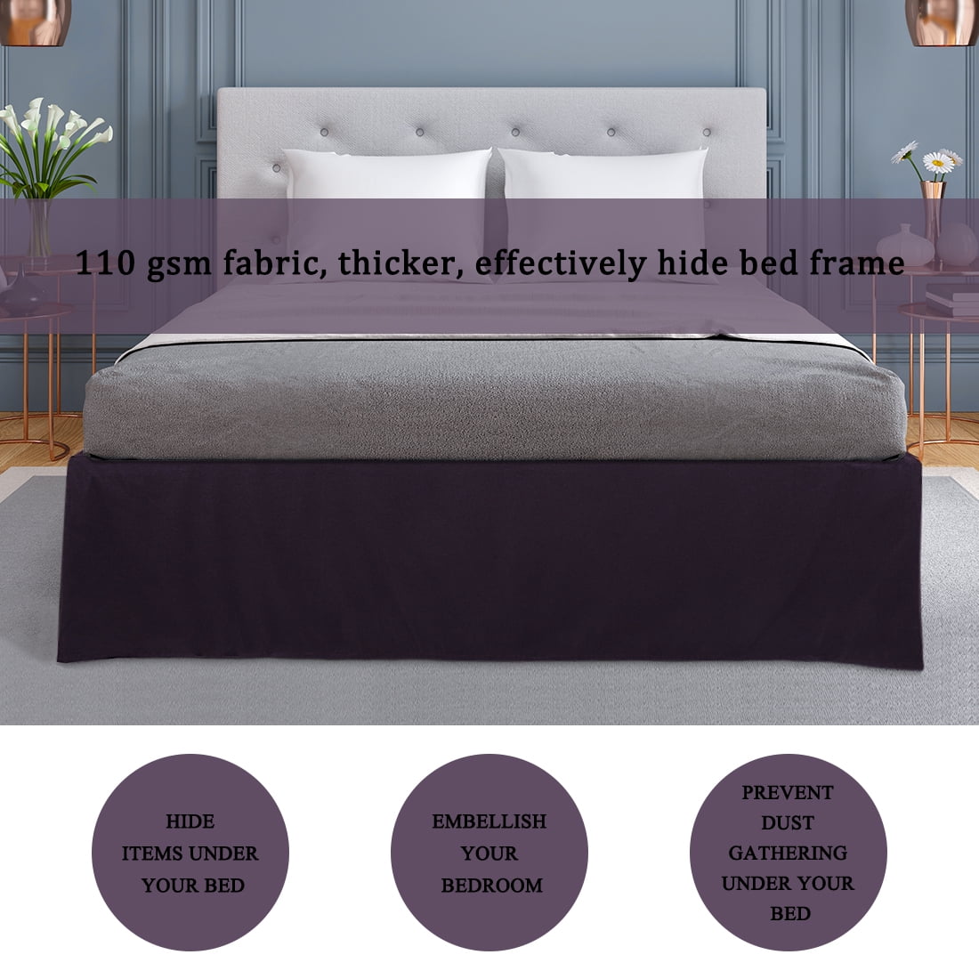 PiccoCasa Microfiber Bed Skirt 16" Drop Pleated Tailored Styling Ruffled, Queen Dark Purple