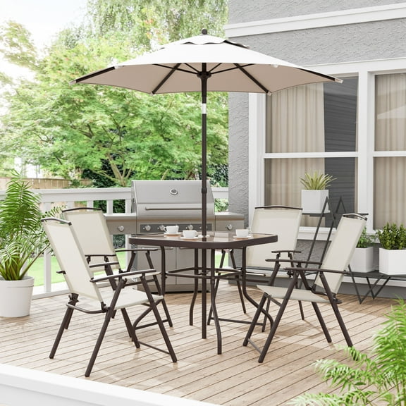 Furniture of America Pop 6-Piece Outdoor Patio Dining Set with Tilting Umbrella, Brown