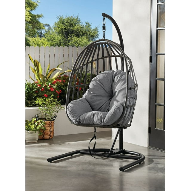 Chaise ovoïde suspendue extérieure en acier avec support et coussin Mainstays, gris