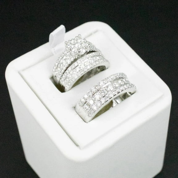 Lakshya Jewel LLC 14K White Gold Finish Cubic Zirconia Wedding Trio His Her Bridal Band Ring Set