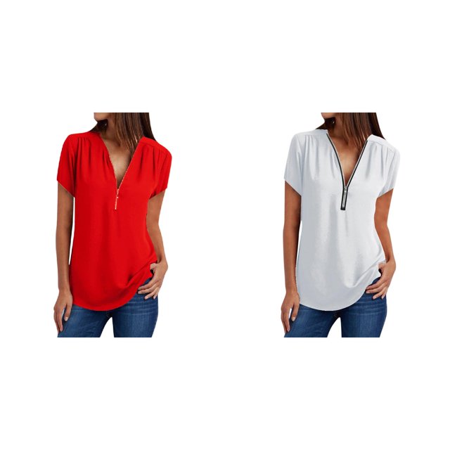 (Lot de 2) Rinsvye T-Shirt Ample Décontracté à Fermeture Éclair Col Extra Grand pour Femmes Manches Longues