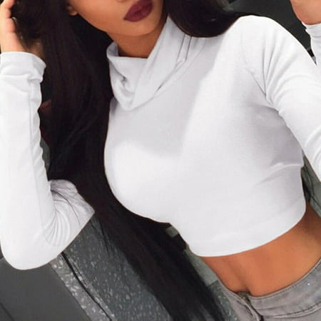 Womens Turtle Neck Crop Tops Ladies Long Sleeve Plain High Neck Short T-Shirt Stretch Casual Shirt White (Best White High Tops)
